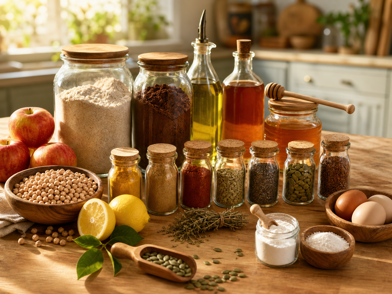 Nineteen raw, whole ingredients laid out on a kitchen island, the full composition of Bread of the Ancients